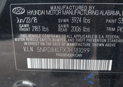 2018 Hyundai Elantra Sel z USA, uszkodzony, nr VIN 5NPD84LFXJH381099